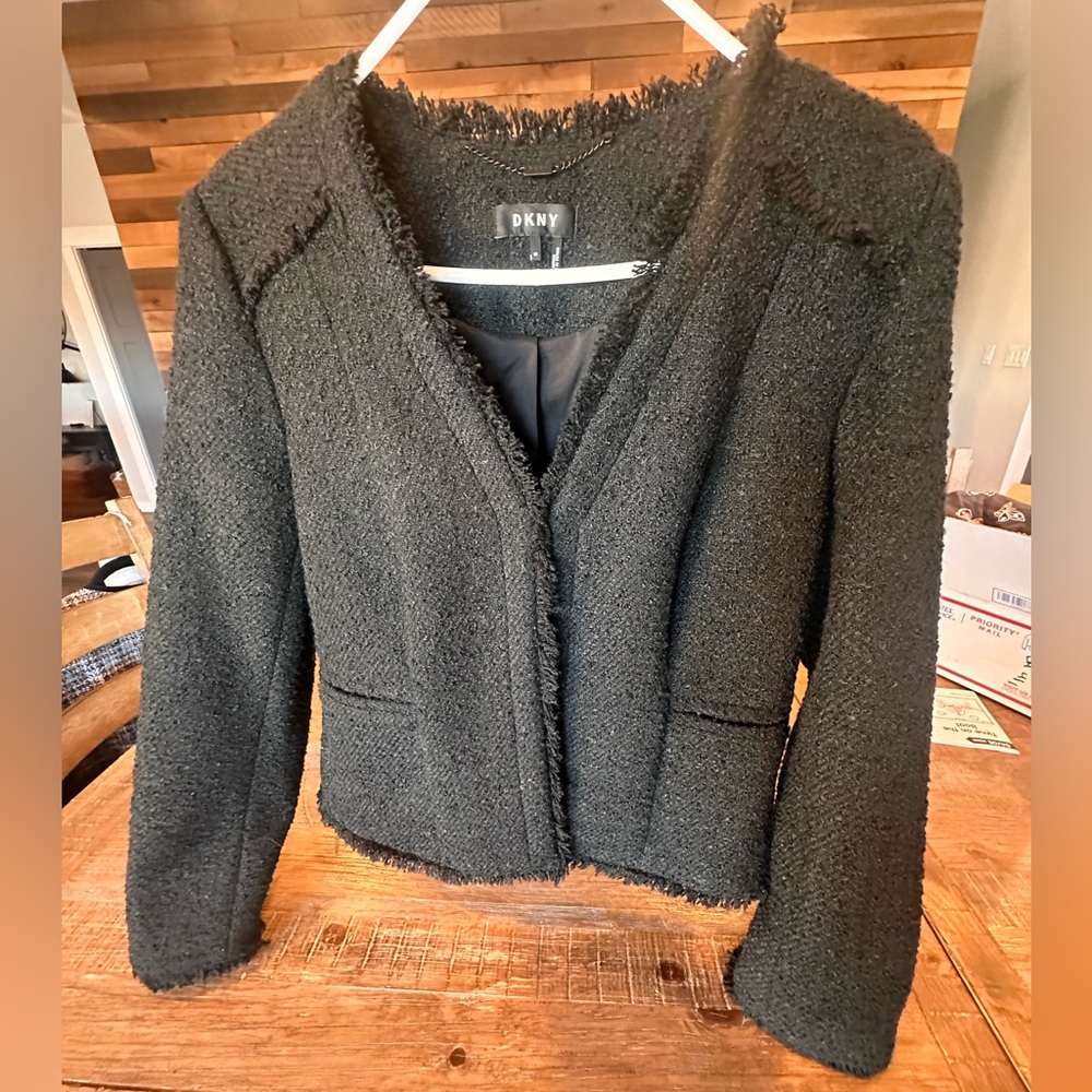 Black Tweed Blazer with fringe DKNY